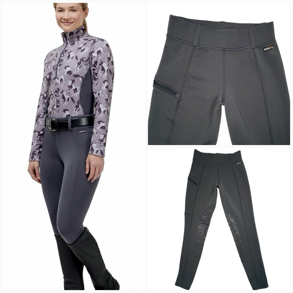 Kerrits Gray Power Stretch Fleece Knee Patch Pocket Riding Tights (M) MSRP‎ $139